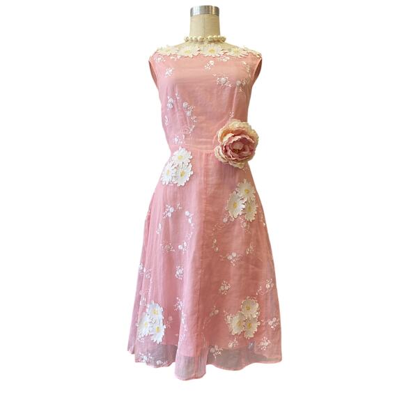 Vintage style pink organza dress applique daisies easter spring wedding s/m 28 - Picture 12 of 12